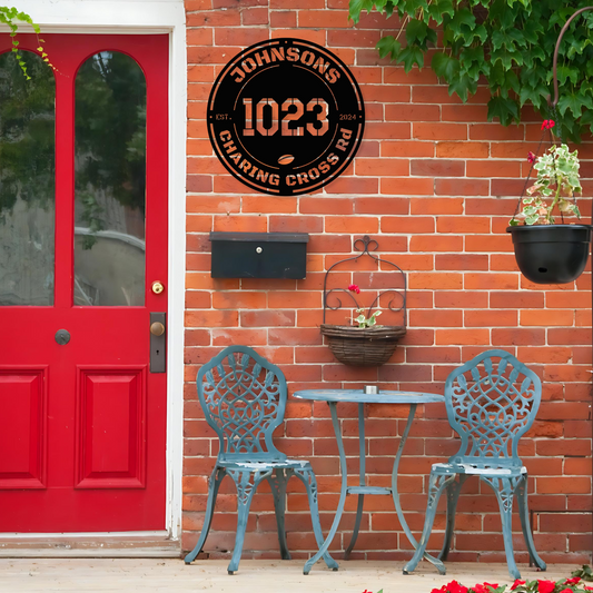 Personalized Football-Themed Round Metal Address Sign with Custom Text & Date
