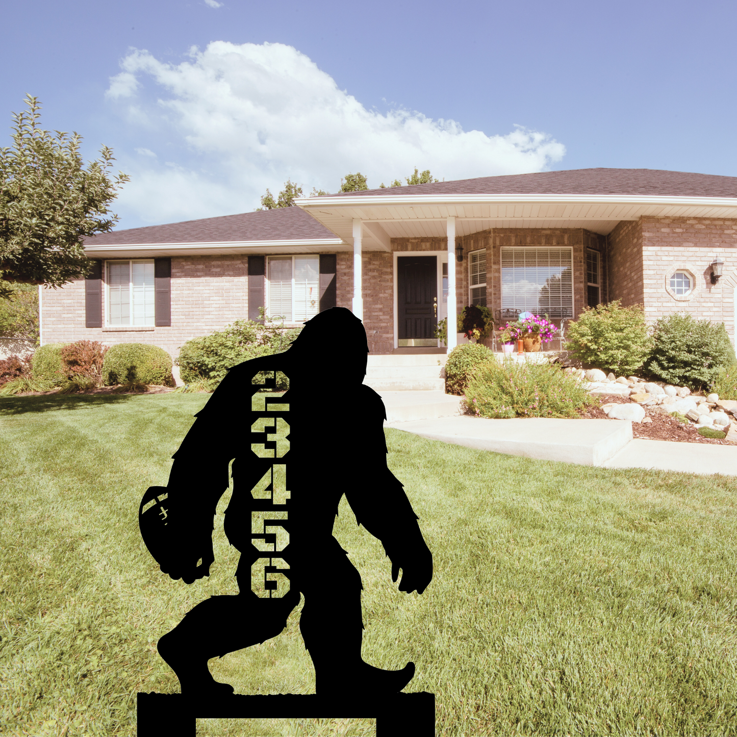 In-ground Address sign BIGFOOT PLAYING FOOTBALL