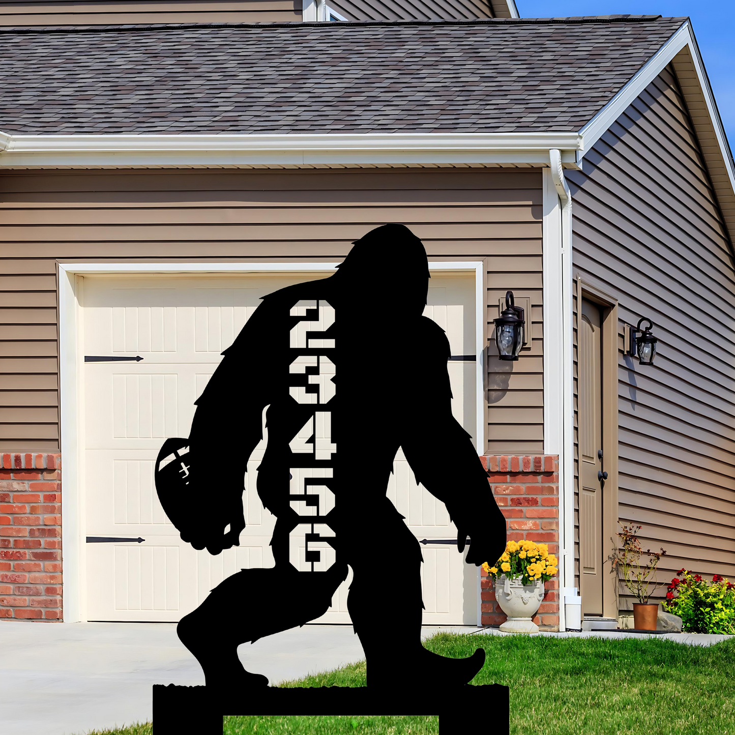 In-ground Address sign BIGFOOT PLAYING FOOTBALL