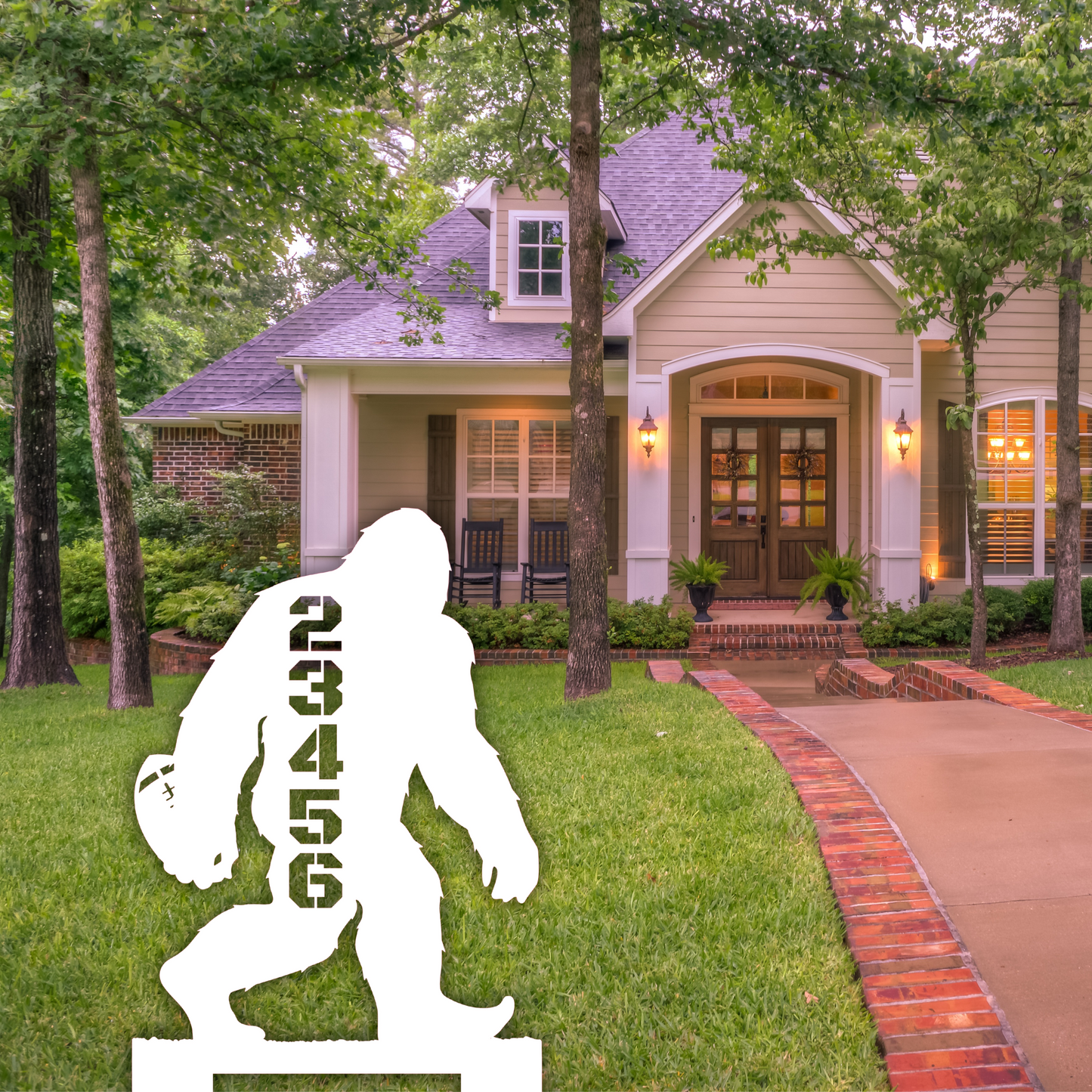 In-ground Address sign BIGFOOT PLAYING FOOTBALL