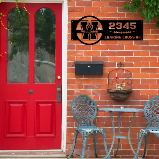 Personalized Address Metal Sign with Monogram in Football style