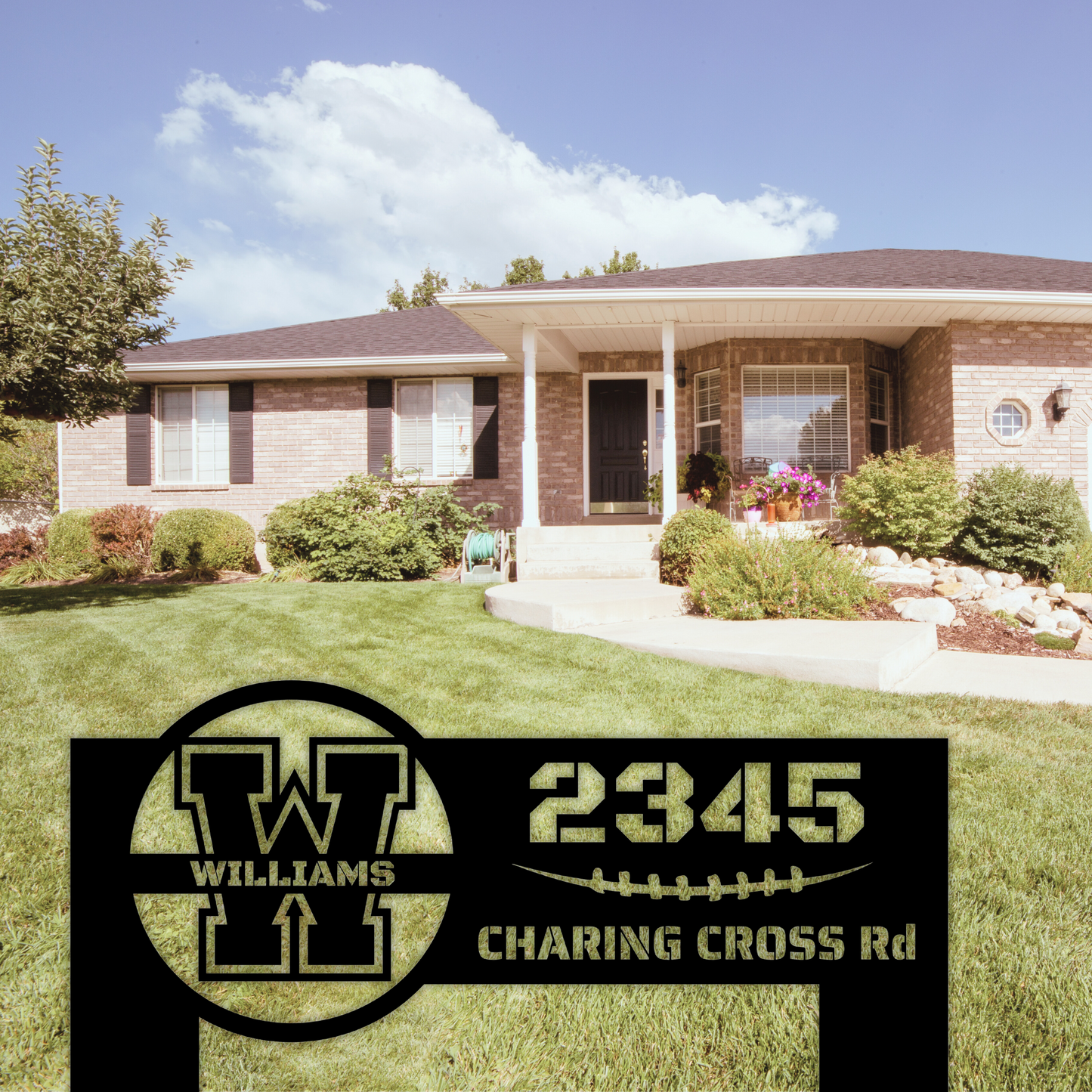 In-ground Address sign with monogram in FOOTBALL style