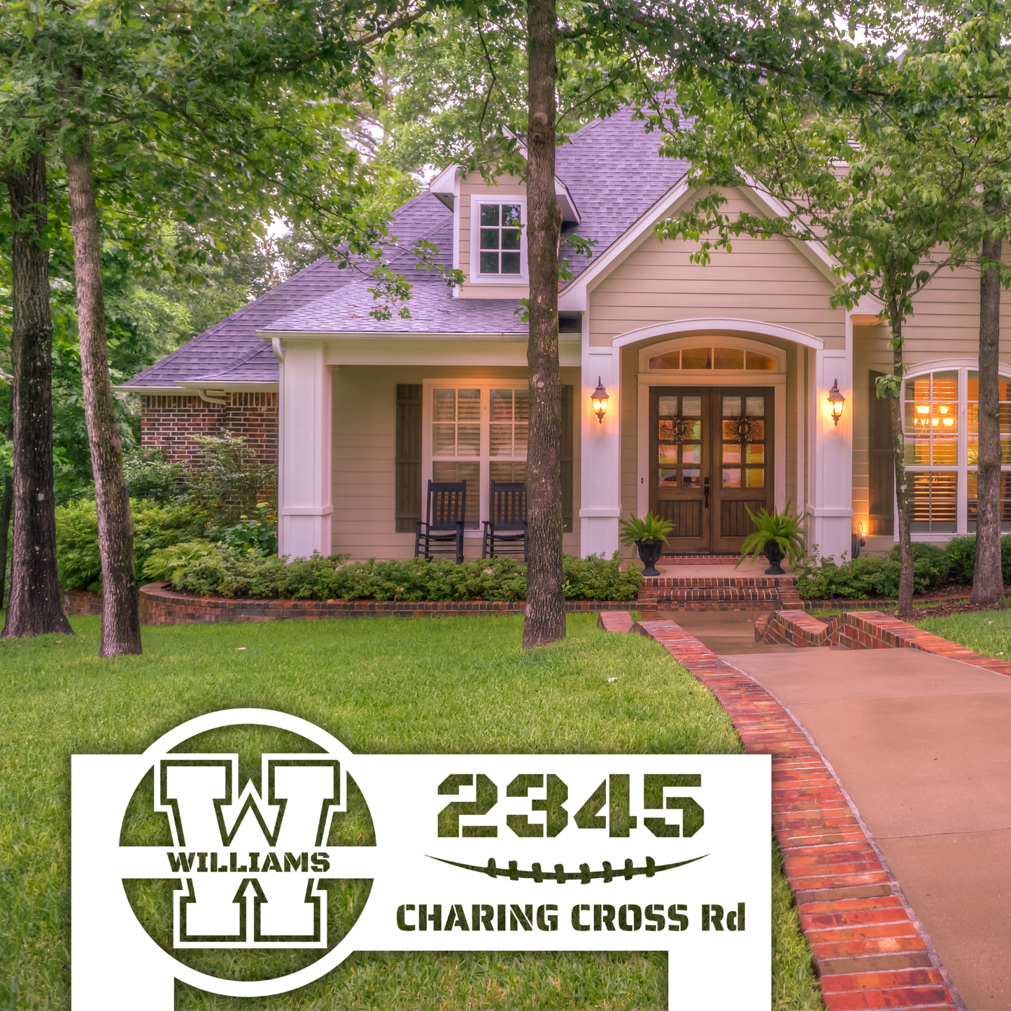 In-ground Address sign with monogram in FOOTBALL style
