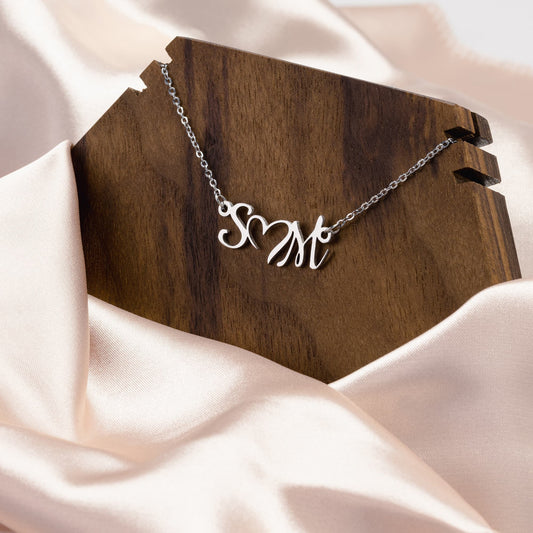 Personalized Double Initial Heart Charm Necklace - Adjustable 17-19 Inch