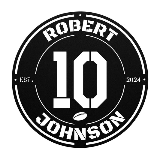 Personalized Football-Themed Round Sign with Custom Name, Player Number & Date