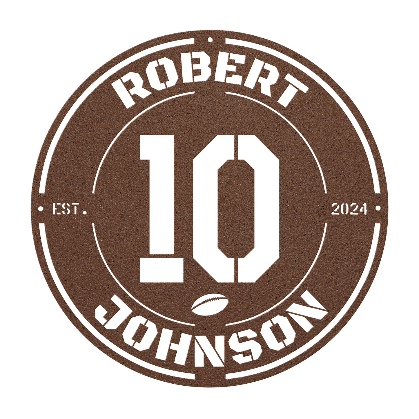 FOOTBALL ROUND sign with Name, Player Number & Date