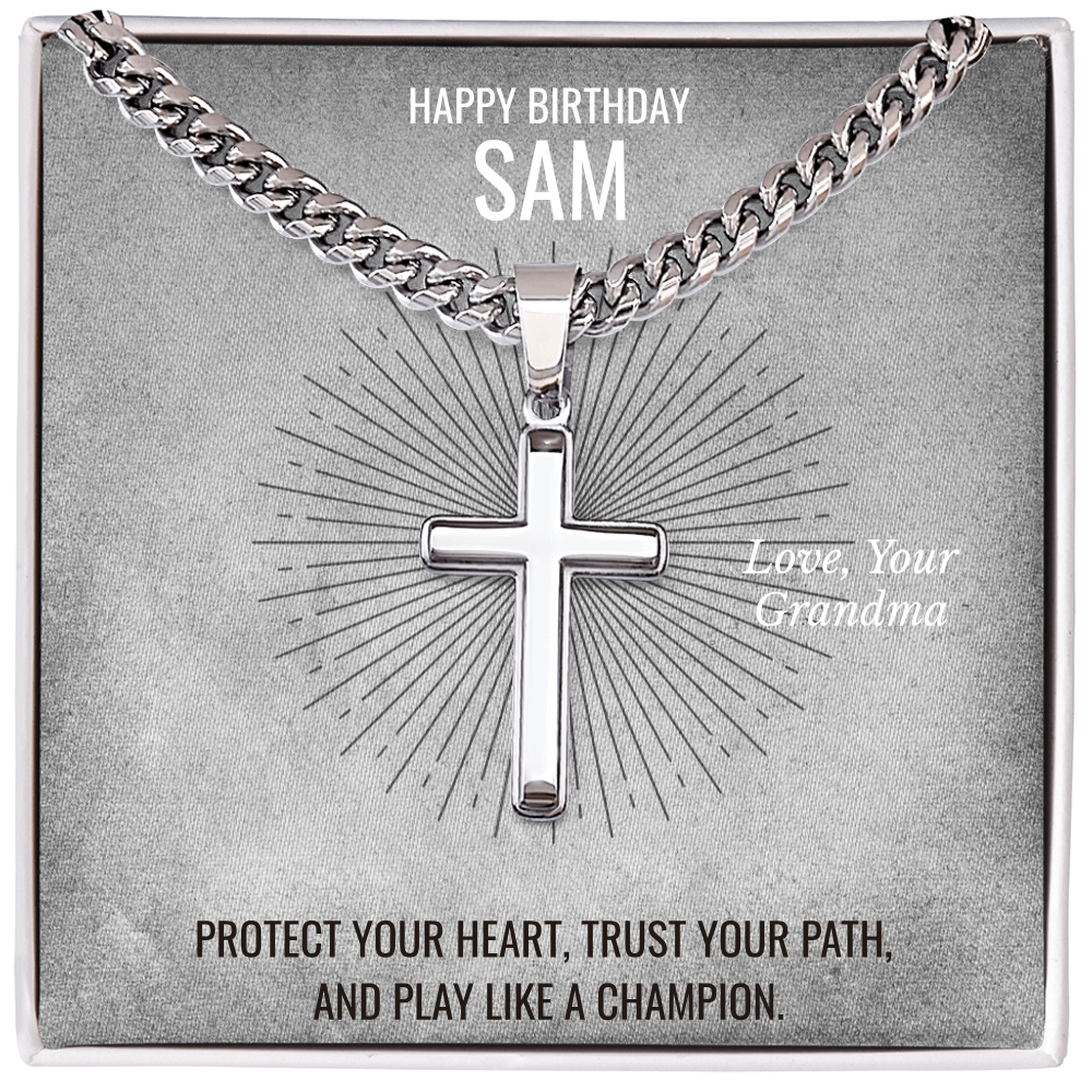 Cross Necklace with Cuban Chain & Personalized Card