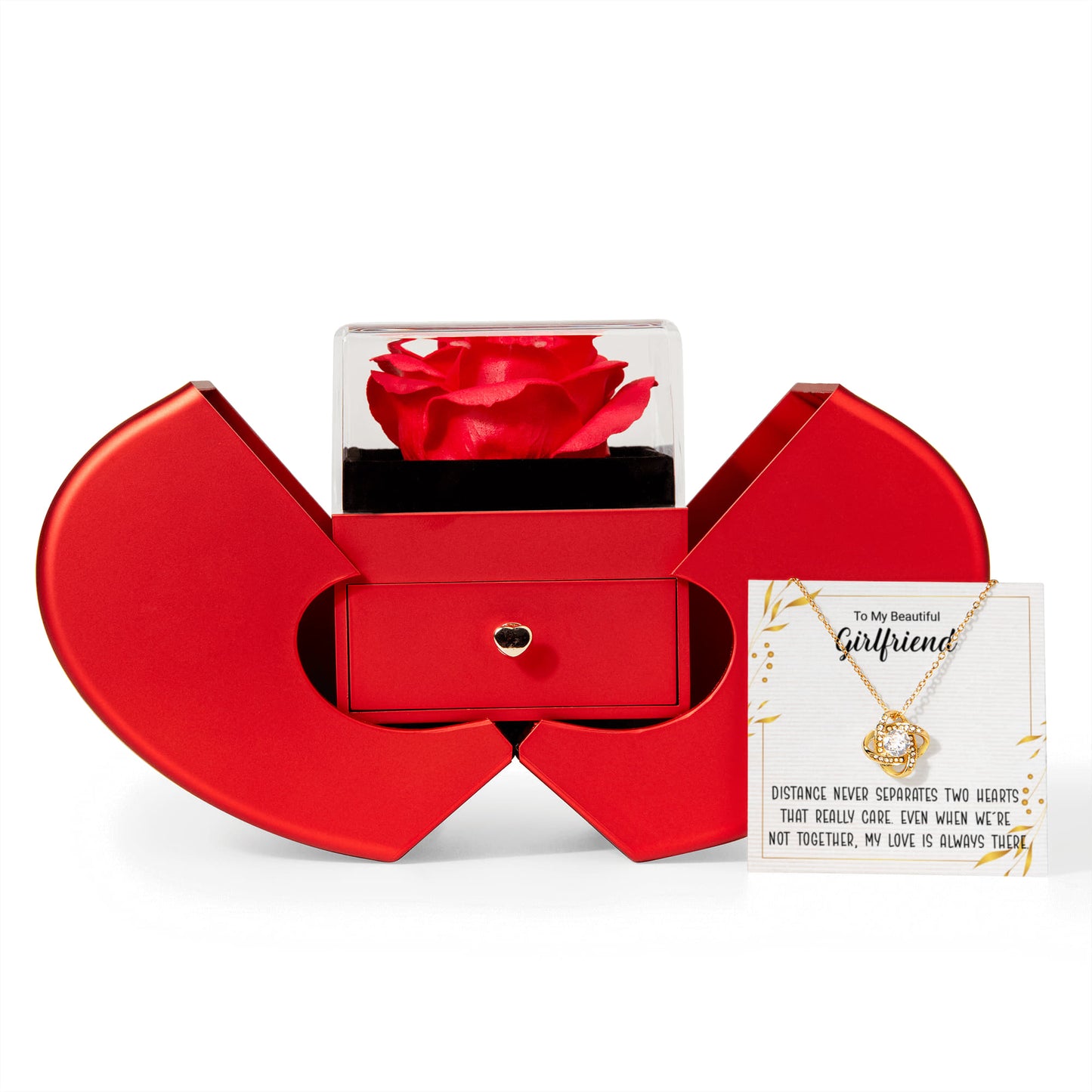 Love Knot Necklace with Red Heart Rose Box and Personalized Card for Your Girlfriend