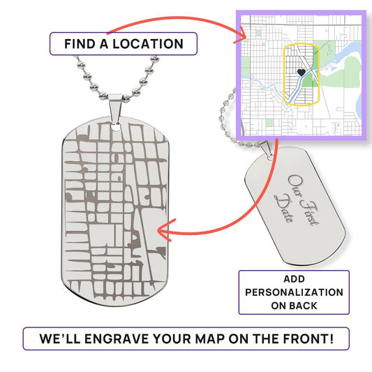 Engraved Map Dog Tag Necklace - Personalized Location Pendant
