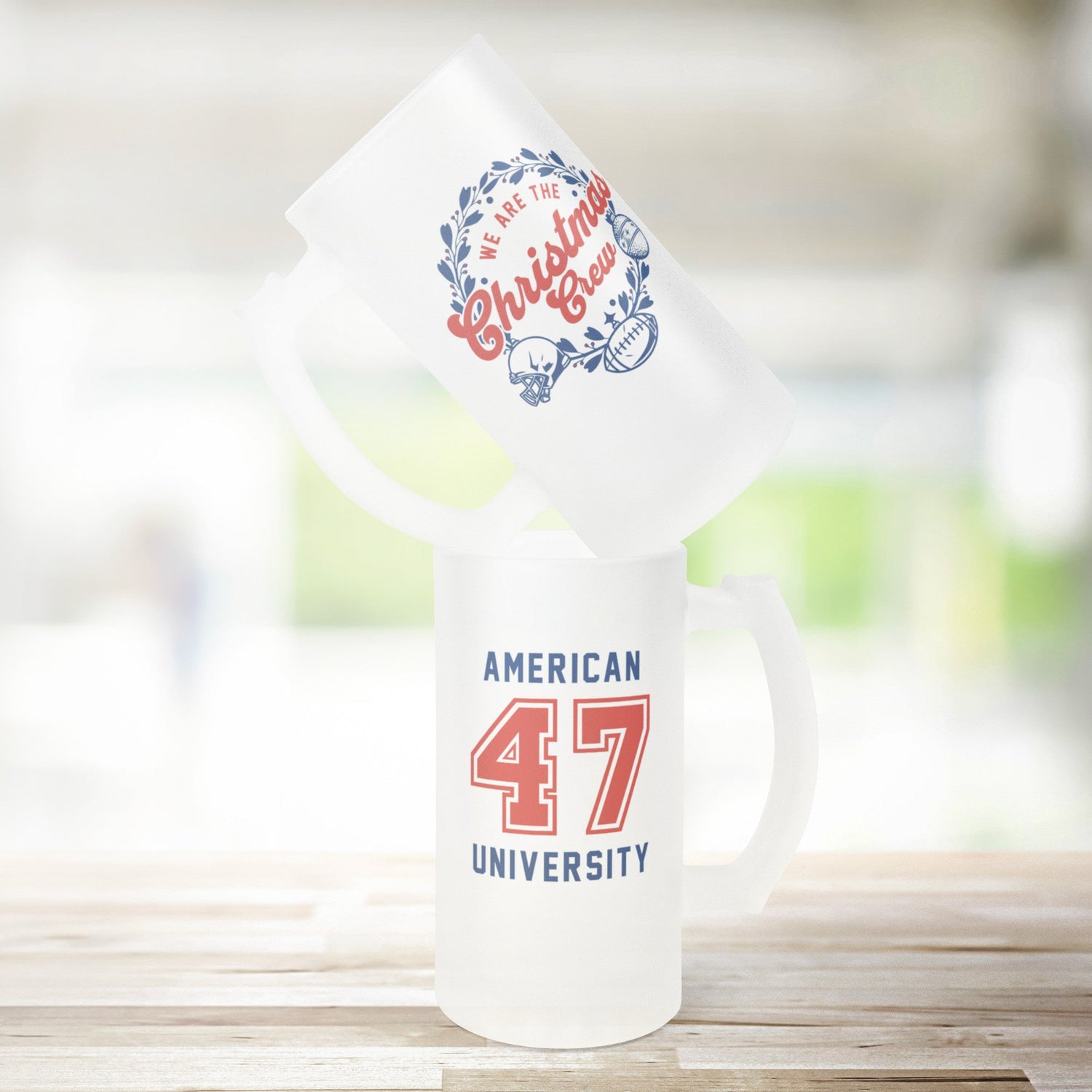 Personalized football beer steins collection – custom 16 oz frosted glass steins with team logo, player name, number for NFL college fans, tailgate man cave drinkware by AFFANS