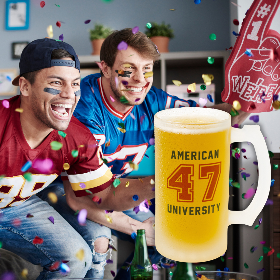 Personalized football glassware collection – custom frosted pint glasses, beer steins, wine glasses with team logo, player name, number & text for NFL college fans, tailgate game day man cave drinkware by AFFANS
