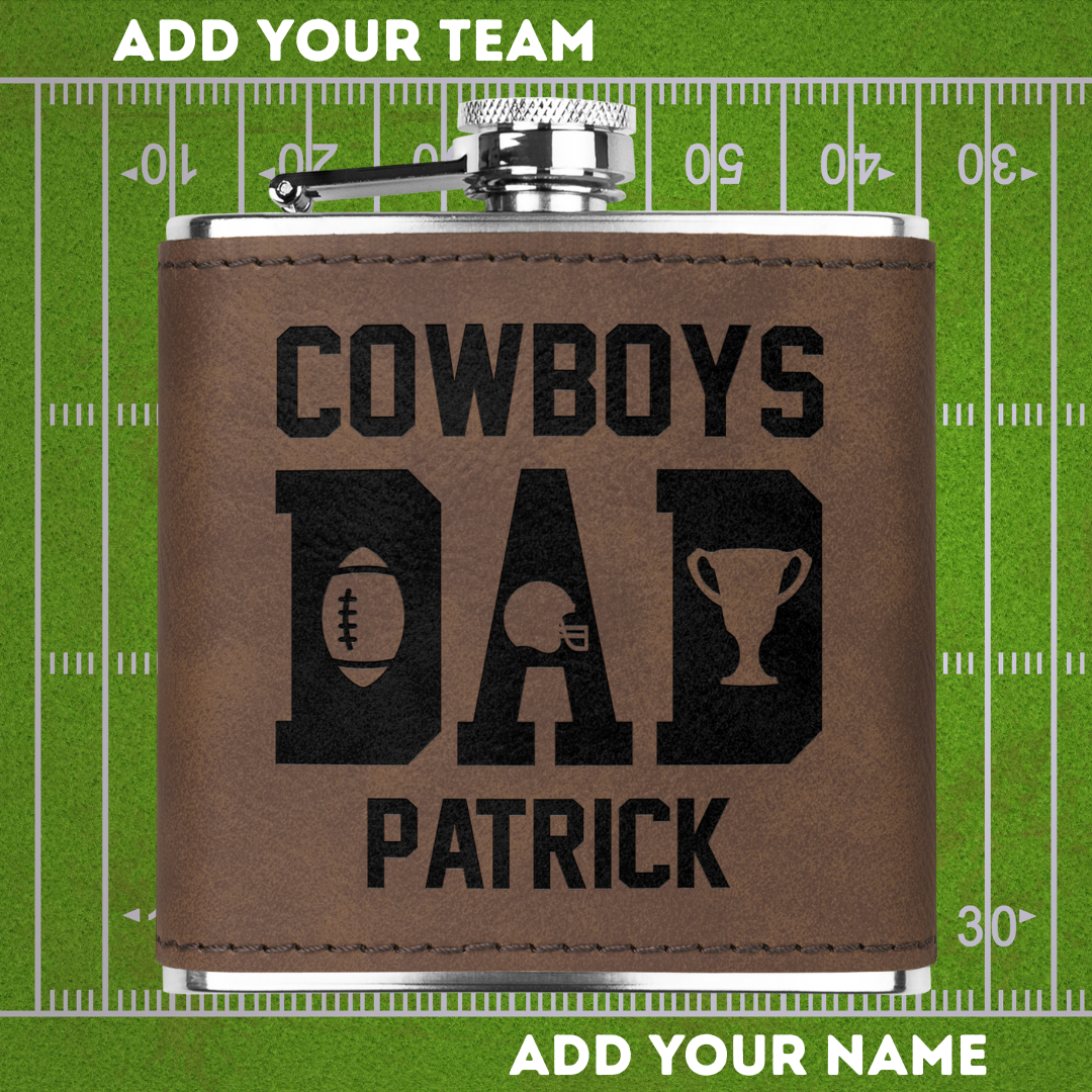 Personalized football flasks collection – custom stainless steel hip flasks with team logo, player name, number & text for NFL college fans, tailgate stadium man cave drinkware by AFFANS