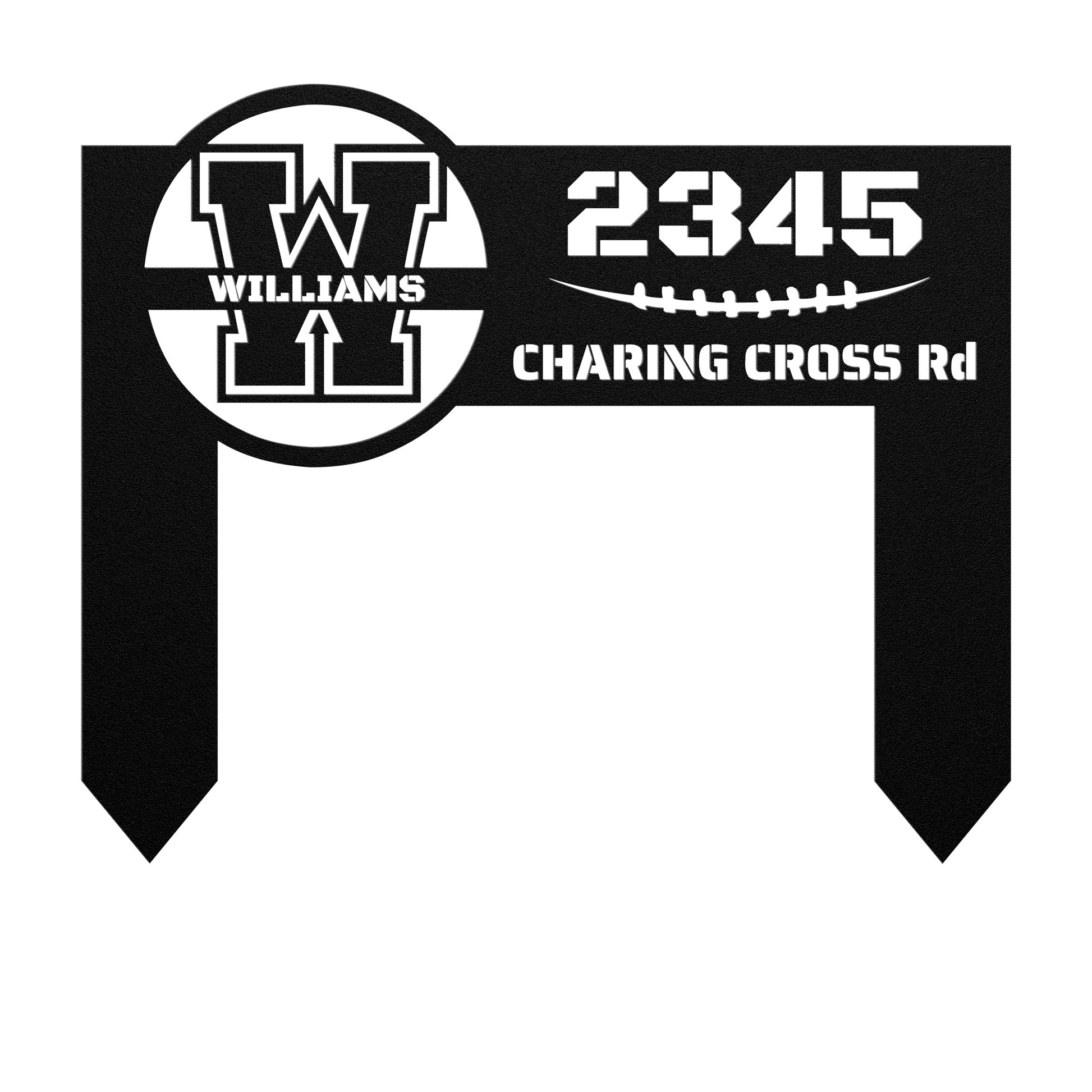 A black metal address sign with a football design, including a monogram and the text '2345 CHARING CROSS Rd'. The sign is designed for in-ground installation.