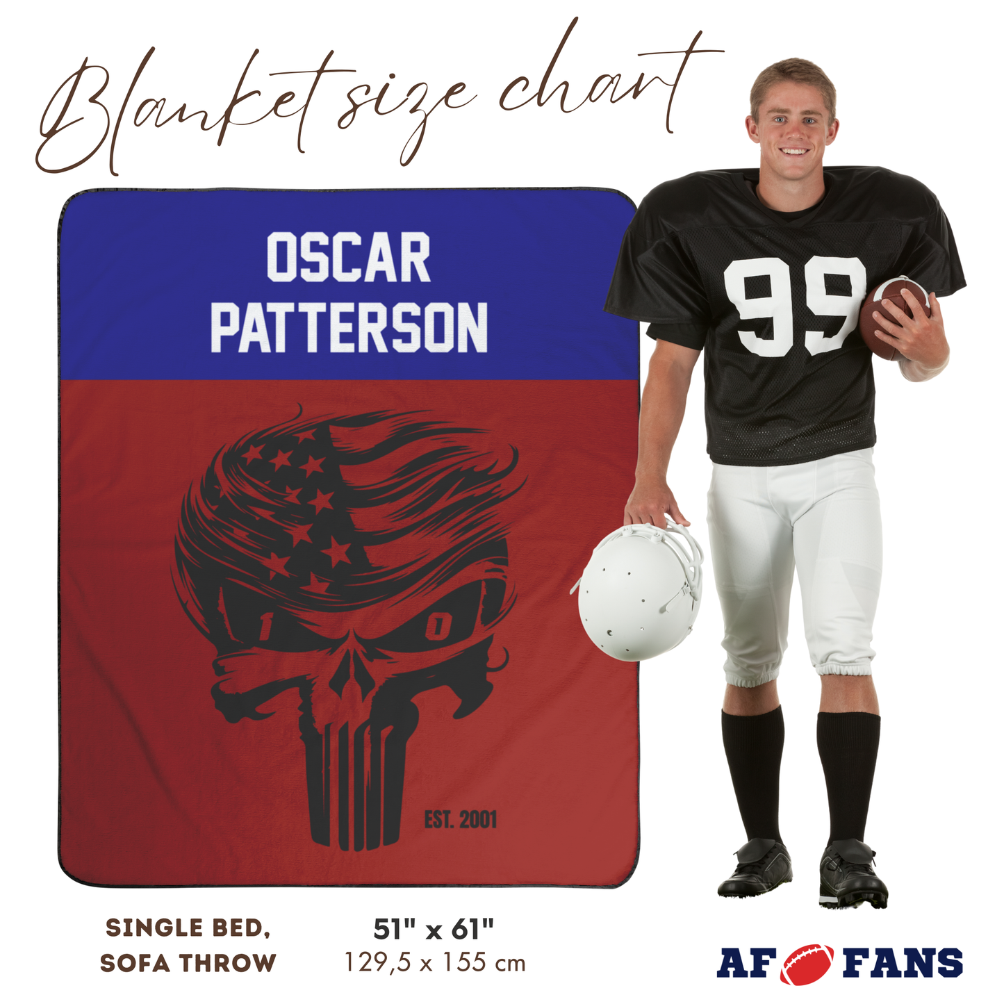 Custom Stadium Blanket with Football Team Colors, Skull, Name & Date