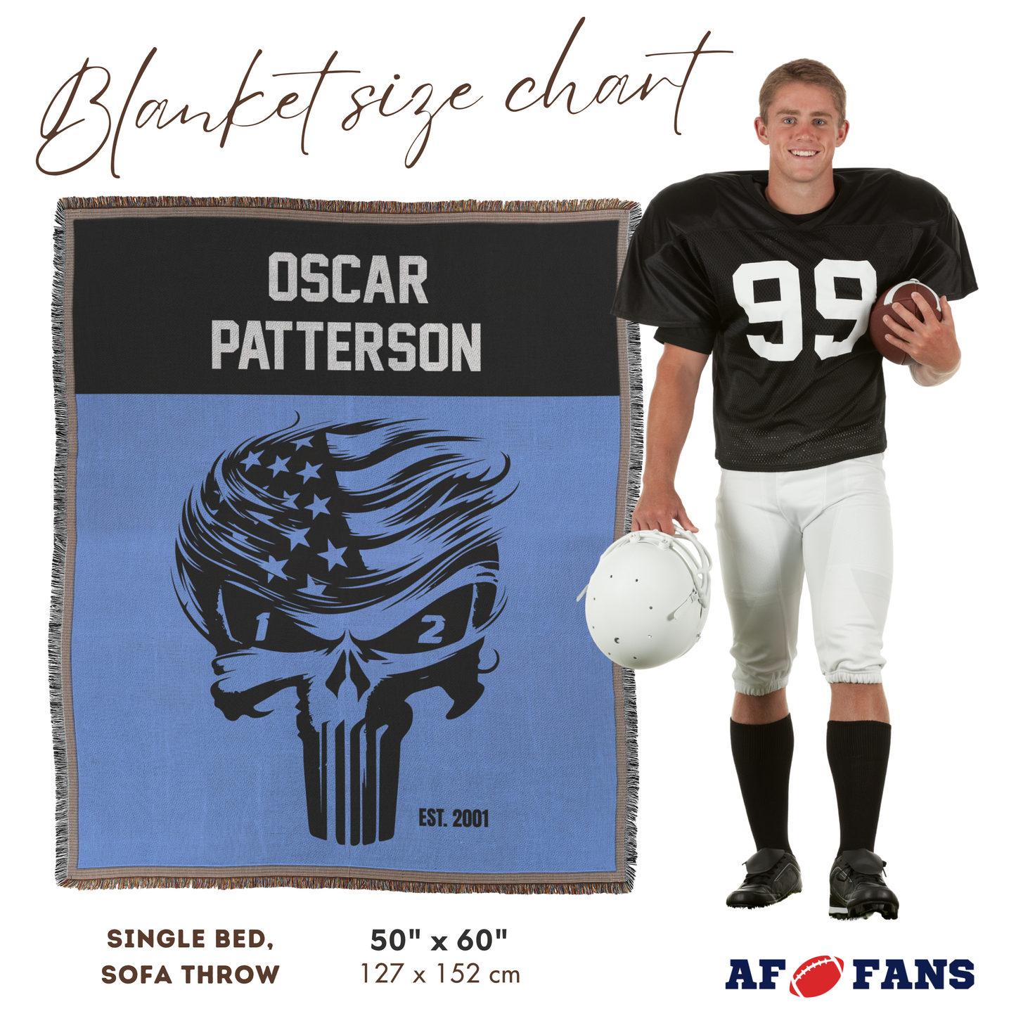 Custom Woven Blanket with Football Team Colors, Skull, Name & Date