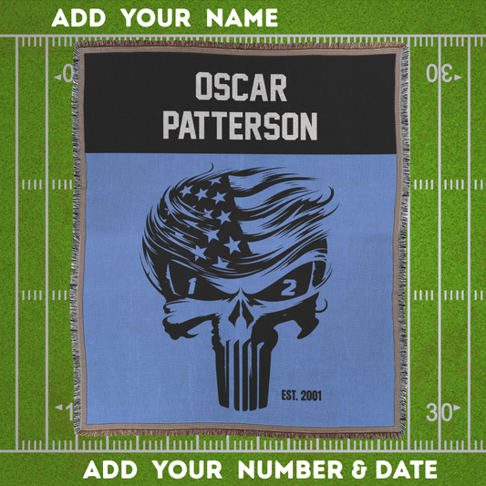 Custom Woven Blanket with Football Team Colors, Skull, Name & Date
