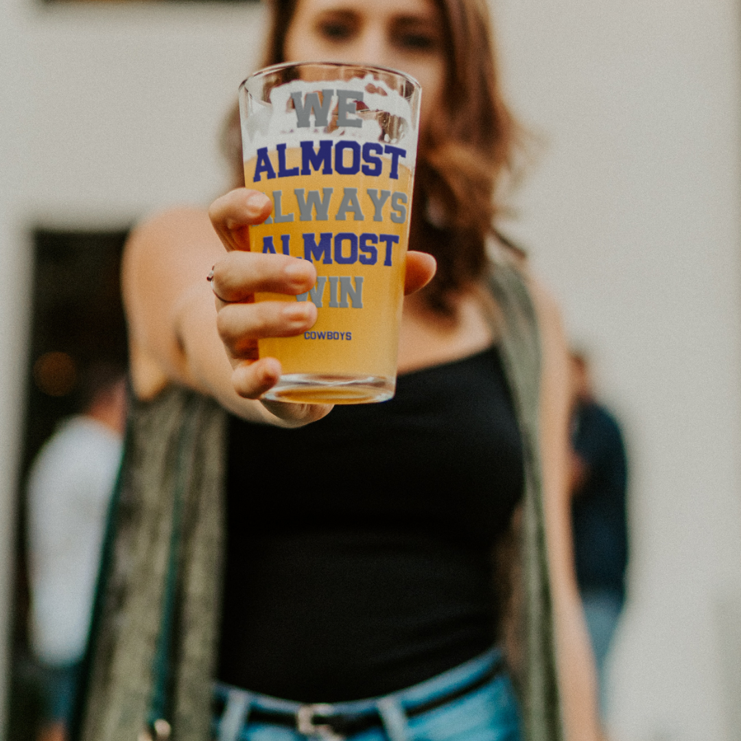 16 oz Personalized Beer Pint Glass 'We Almost Win' with Team Name - Funny Football Fan Gift