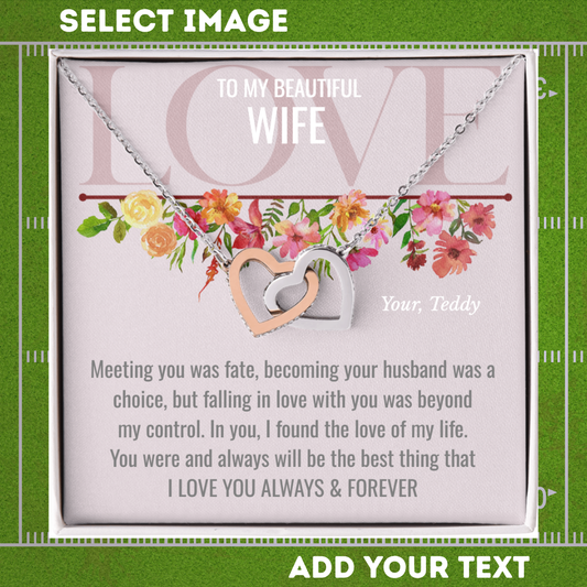 Necklace with floral design and romantic message card on a green background