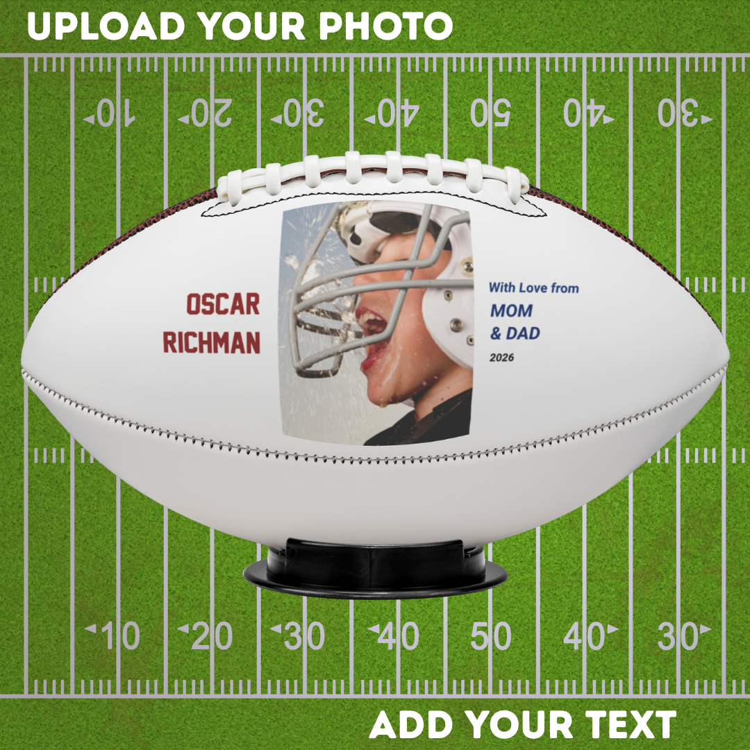Personalized football with a photo and text on a football field background