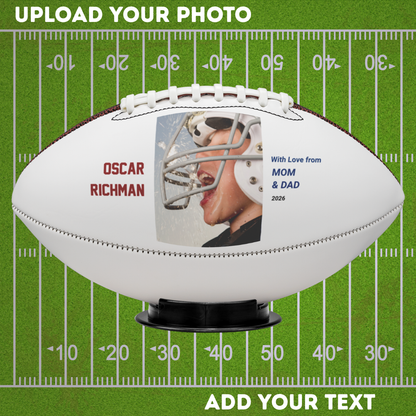 Personalized football with a photo and text on a football field background