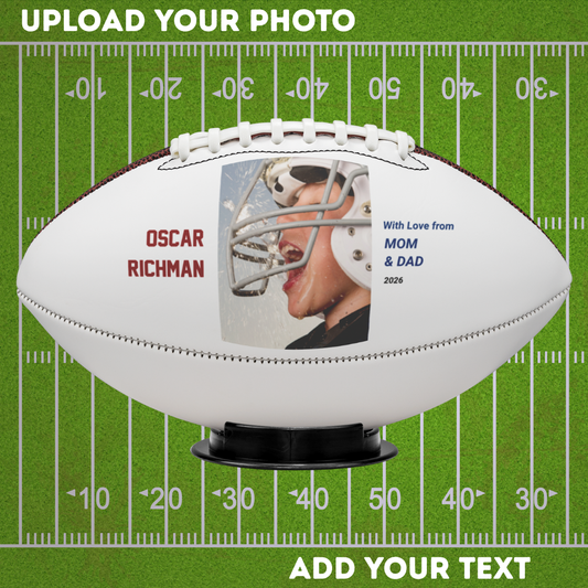 Personalized football with a photo and text on a football field background
