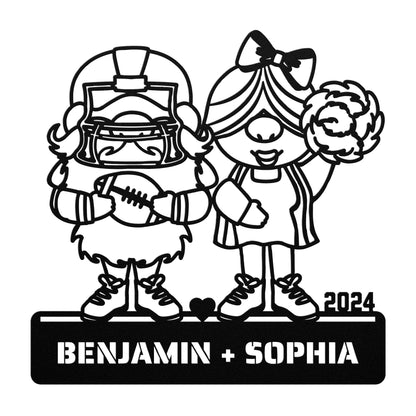 A custom metal sign featuring illustrations of a football player and a cheerleader, with the names Benjamin and Sophia, and the year.