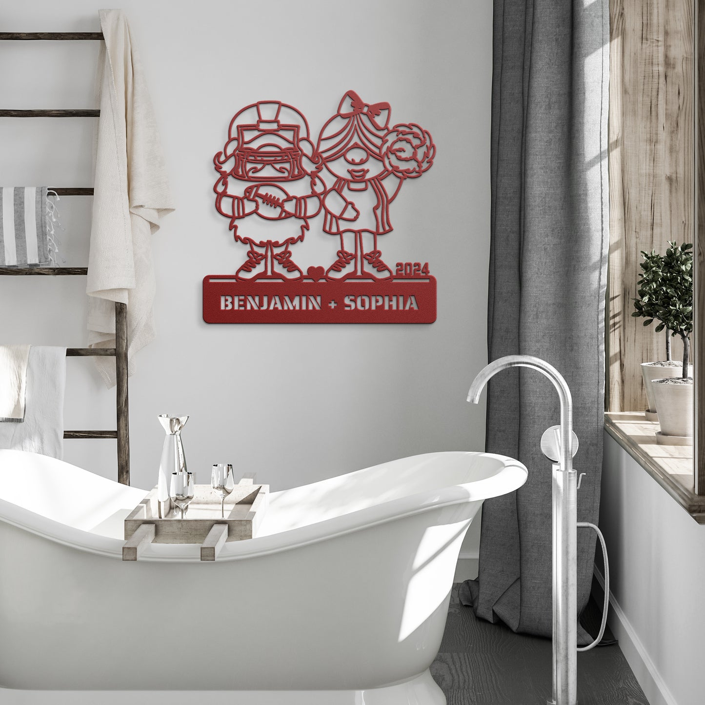 A custom metal sign featuring illustrations of a football player and a cheerleader, with the names Benjamin and Sophia, and the year 2024.