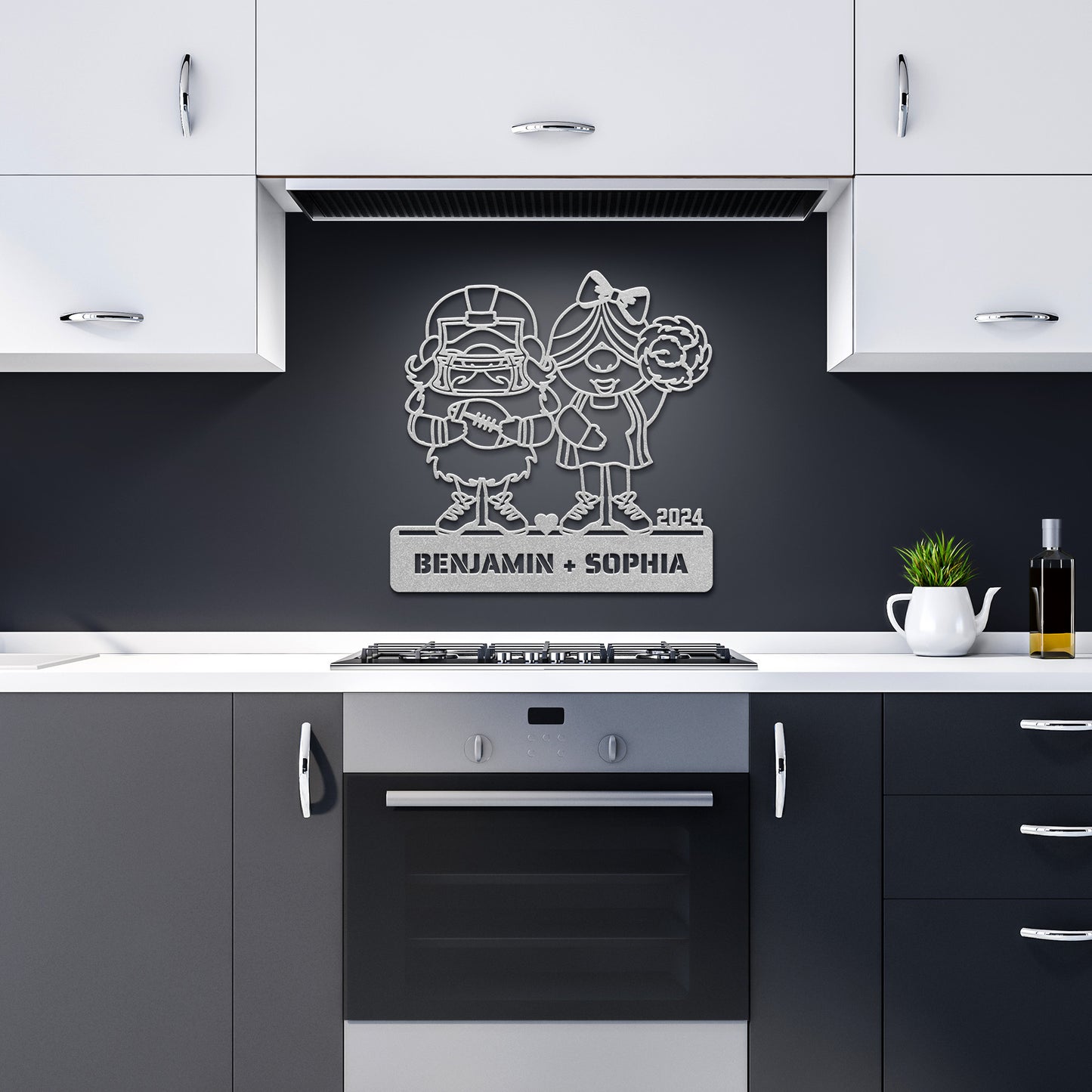 A custom metal sign featuring illustrations of a football player and a cheerleader, with the names Benjamin and Sophia, and the year 2024.