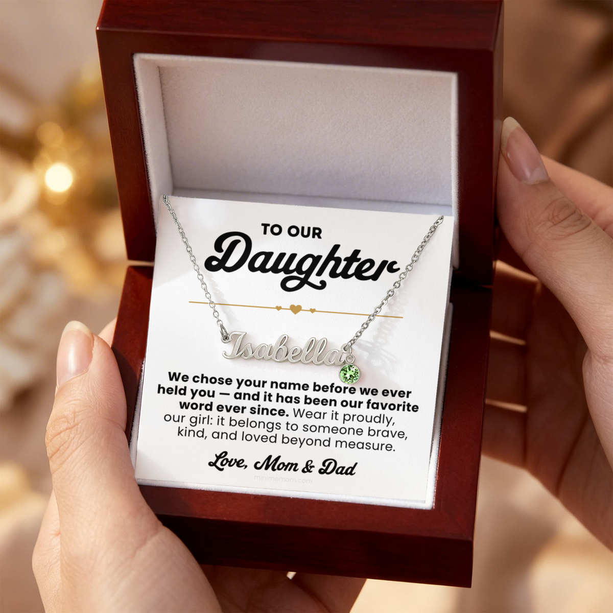 For Daughter: Personalized Name Pendant Necklace with Birthstone and Message Card — "We chose your name before we ever held you"2
