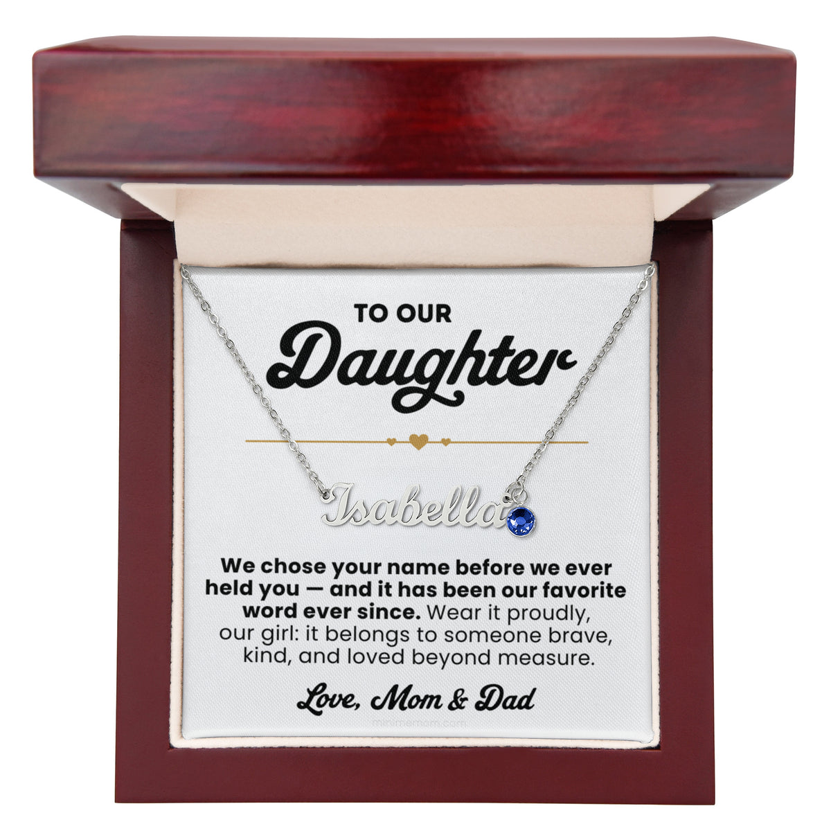 For Daughter: Personalized Name Pendant Necklace with Birthstone and Message Card — "We chose your name before we ever held you"2