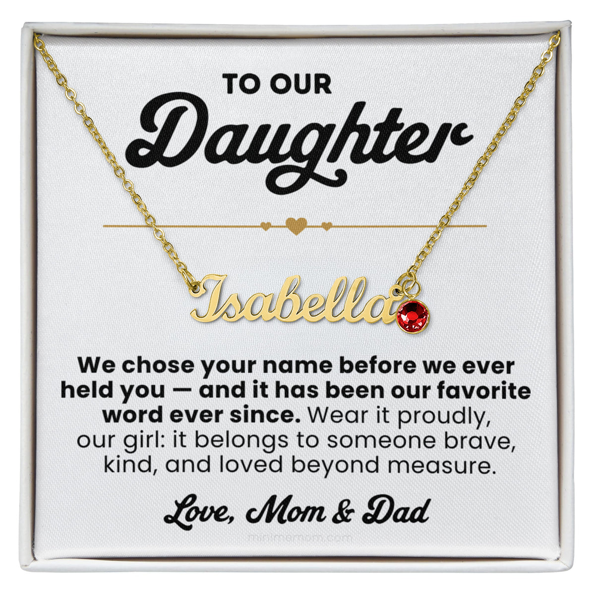 For Daughter: Personalized Name Pendant Necklace with Birthstone and Message Card — "We chose your name before we ever held you"2