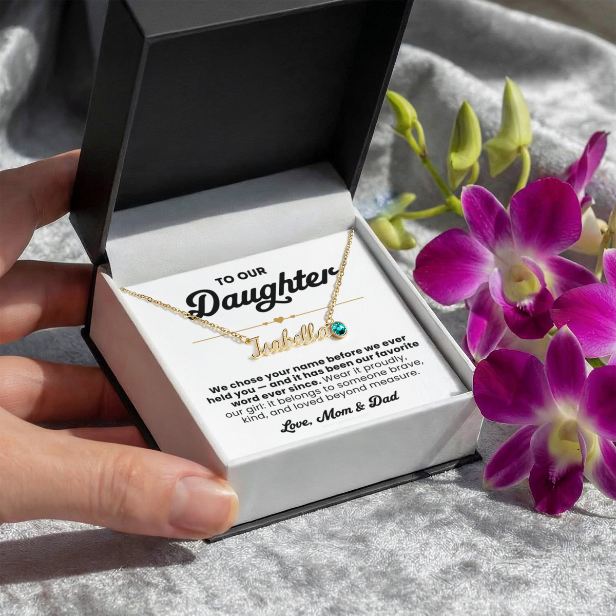 For Daughter: Personalized Name Pendant Necklace with Birthstone and Message Card — "We chose your name before we ever held you"2