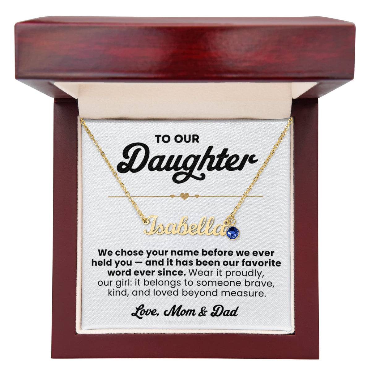 For Daughter: Personalized Name Pendant Necklace with Birthstone and Message Card — "We chose your name before we ever held you"2
