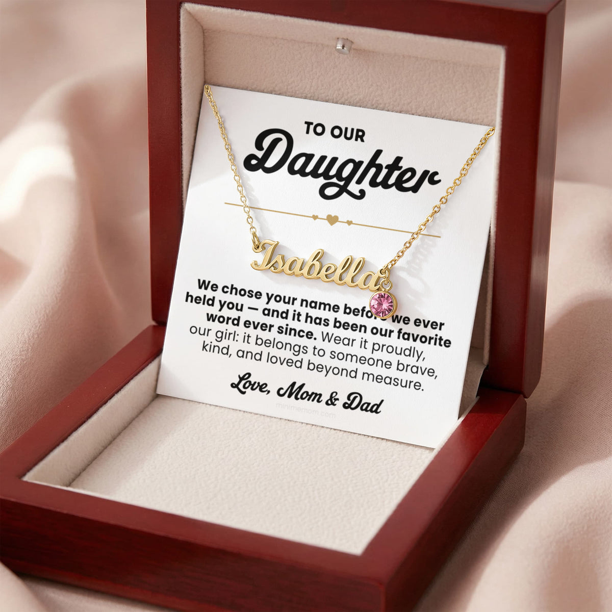 For Daughter: Personalized Name Pendant Necklace with Birthstone and Message Card — "We chose your name before we ever held you"2
