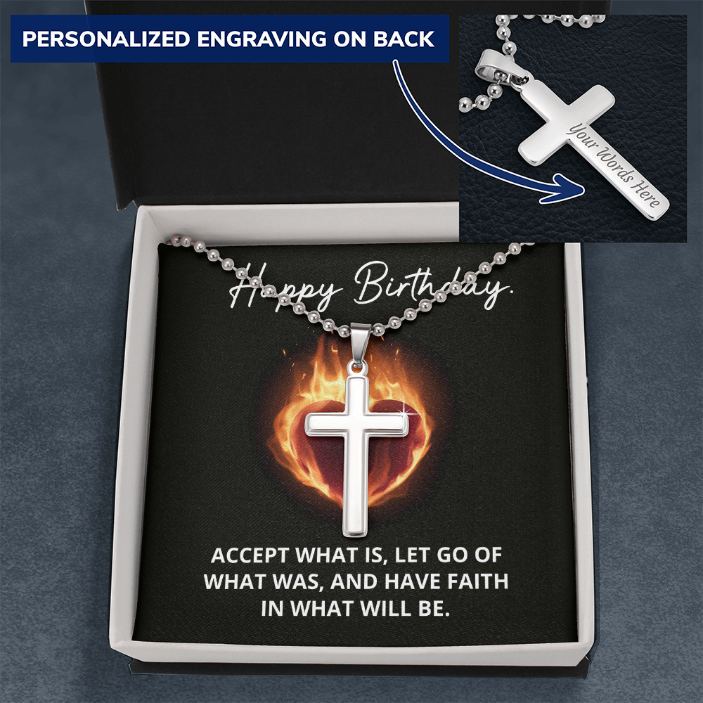 Engraved Cross Necklace with Ball Chain - Gift for Happy Birthday