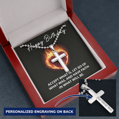 Engraved Cross Necklace with Ball Chain - Gift for Happy Birthday