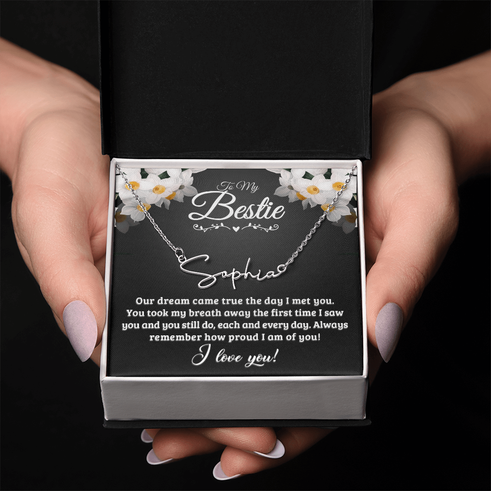 Personalized Signature Name Necklace with 16-18 Inch Adjustable Chain and Message Card - To My Bestie