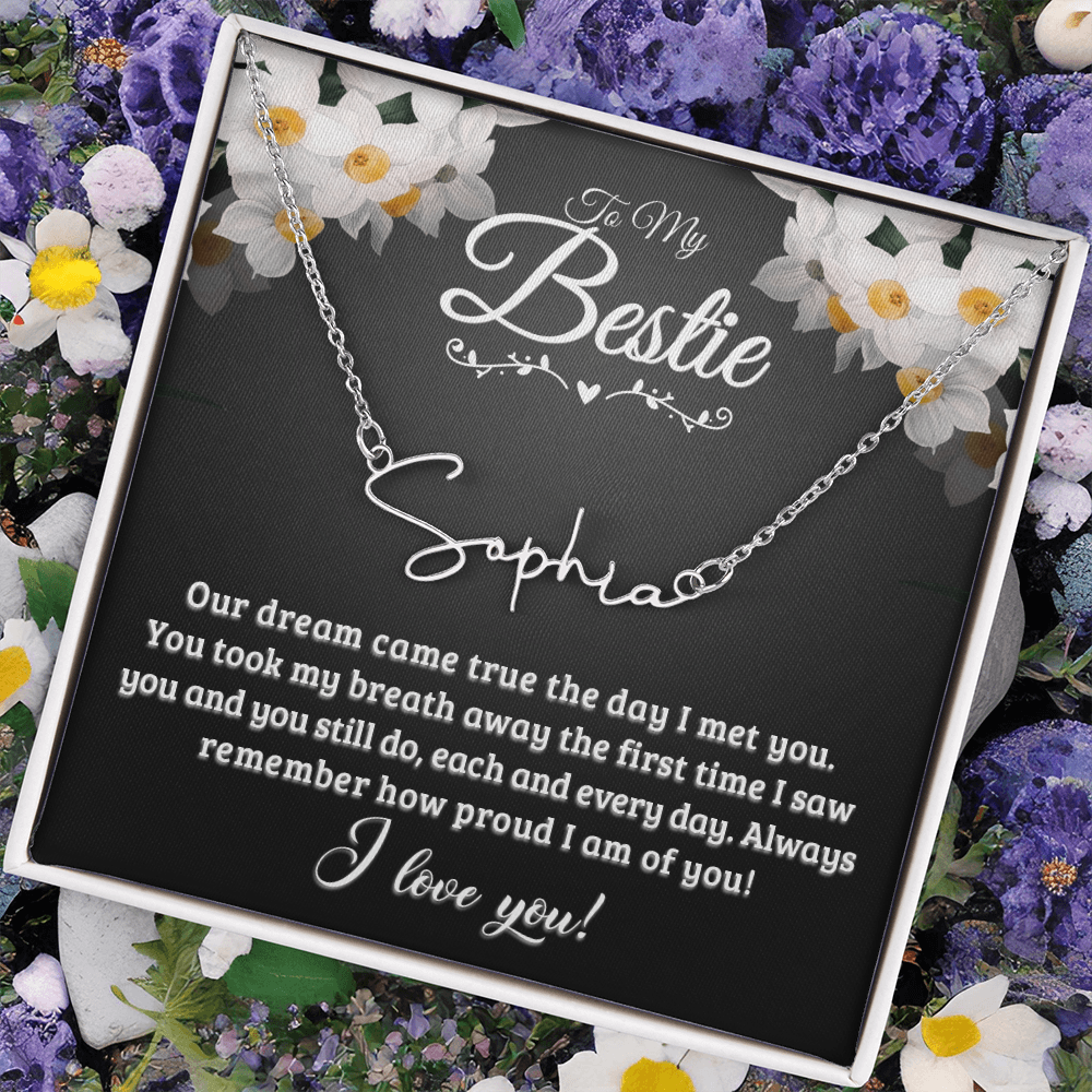 Personalized Signature Name Necklace with 16-18 Inch Adjustable Chain and Message Card - To My Bestie