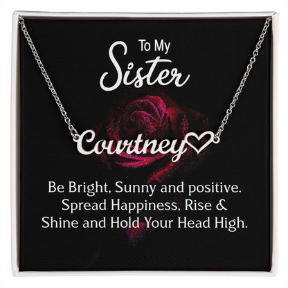Personalized Heart Name Necklace with 16-18 Inch Adjustable Chain and Message Card - To My Sister
