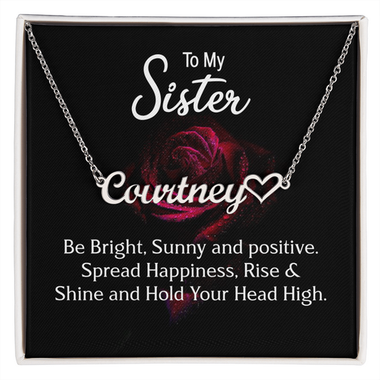 Personalized Heart Name Necklace with 16-18 Inch Adjustable Chain and Message Card - To My Sister