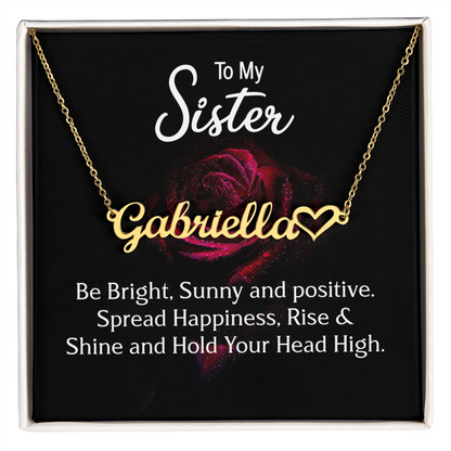 Personalized Heart Name Necklace with 16-18 Inch Adjustable Chain and Message Card - To My Sister