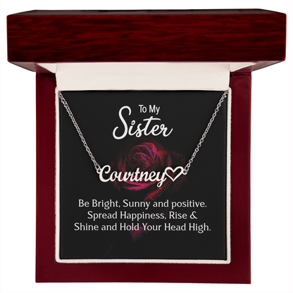 Personalized Heart Name Necklace with 16-18 Inch Adjustable Chain and Message Card - To My Sister