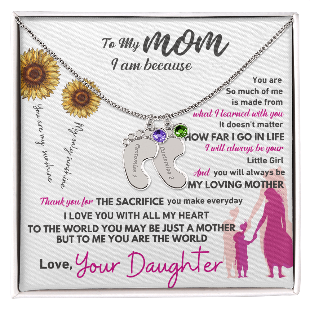 Custom Engraved Baby Feet Necklace with Birthstone - To My Mom