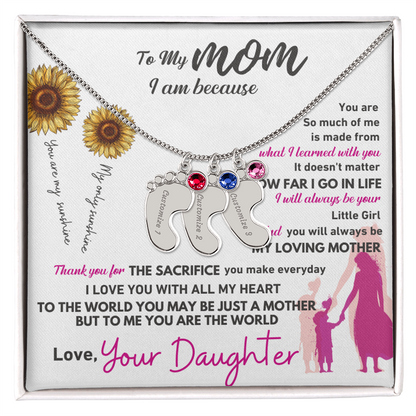 Custom Engraved Baby Feet Necklace with Birthstone - To My Mom