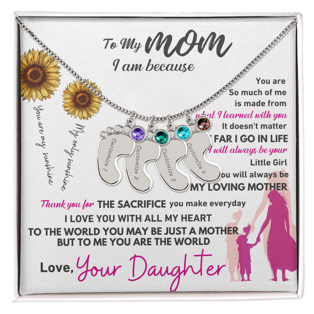 Custom Engraved Baby Feet Necklace with Birthstone - To My Mom
