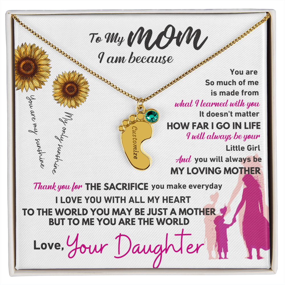 Custom Engraved Baby Feet Necklace with Birthstone - To My Mom