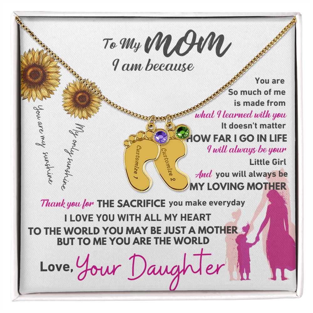Custom Engraved Baby Feet Necklace with Birthstone - To My Mom