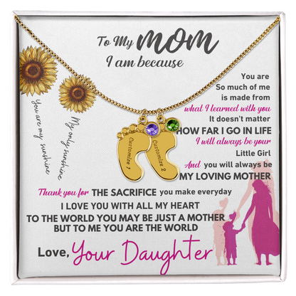 Custom Engraved Baby Feet Necklace with Birthstone - To My Mom
