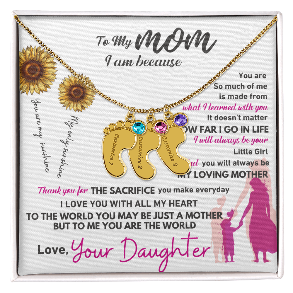 Custom Engraved Baby Feet Necklace with Birthstone - To My Mom