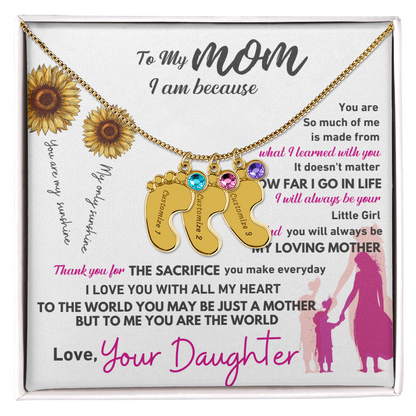 Custom Engraved Baby Feet Necklace with Birthstone - To My Mom